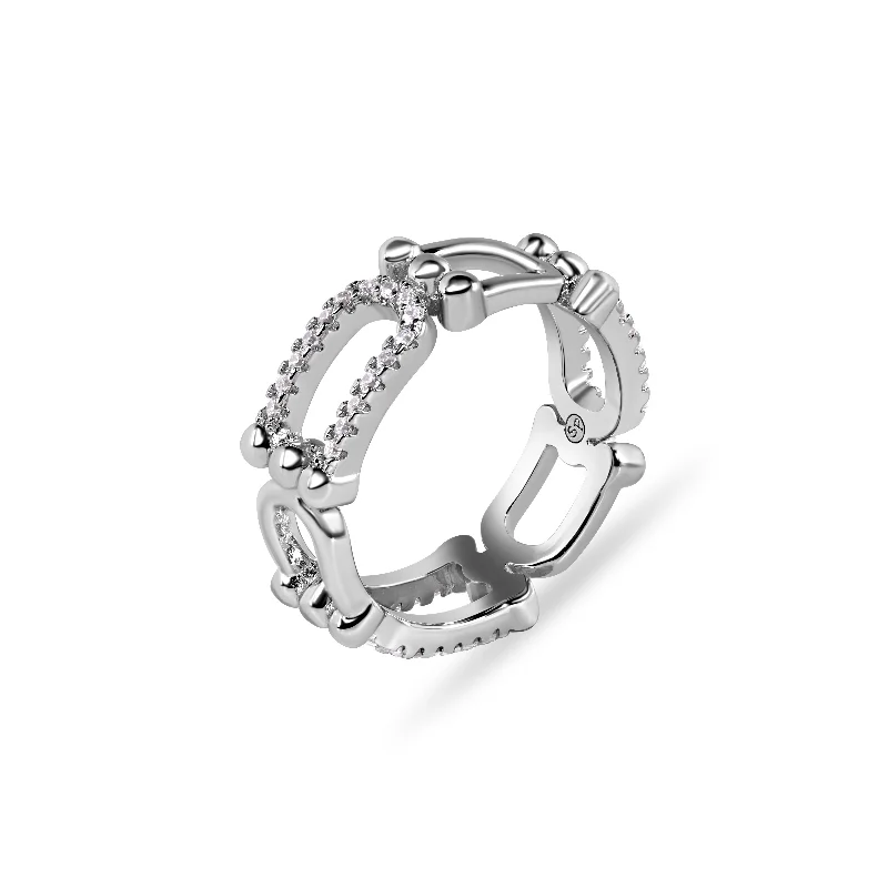 ladies ring timeless heart accent-Rhodium Plated 925 Sterling Silver Bow Paperclip 6.5mm Clear CZ Ring - BGR01375