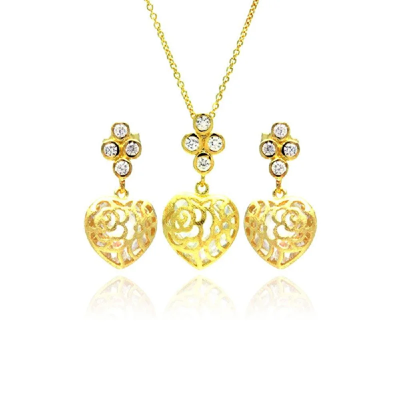 ladies-statement-earrings-Silver 925 Gold Plated Heart Filigree CZ Dangling Stud Earring and Necklace Set - STS00383