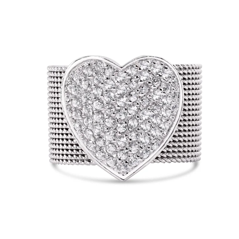 ladies ring trendy star detail-Clearance-Silver 925 Rhodium Plated Multi Chain CZ Heart Ring - STR00067