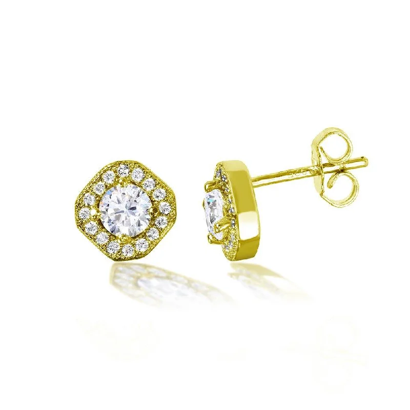 ladies-gift-diamond-earrings-Gold Plated 925 Sterling Silver Round Halo Earrings - STE01040GP