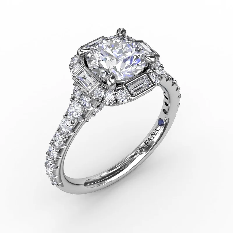 engagement-promise-diamond-ring-Cushion Shaped Diamond Halo Engagement Ring With Baguettes