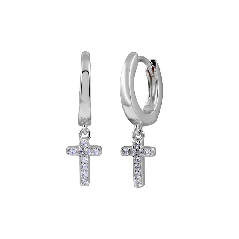 ladies-artisan-diamond-earrings-Rhodium Plated 925 Sterling Silver CZ huggie hoop Cross Earring - STE01279RH