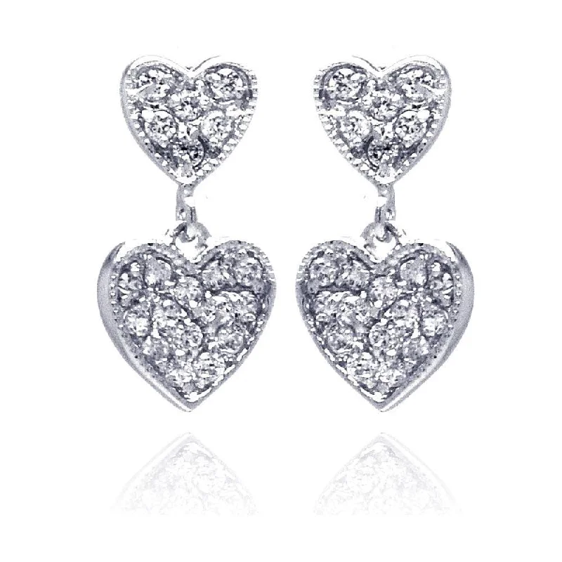 ladies-bohemian-earrings-Silver 925 Rhodium Plated Graduated Two Heart CZ Inlay Dangling Stud Earrings - BGE00200