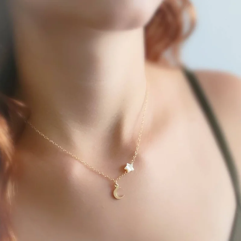 ladies-short-rose-gold-necklace-Tiny Crescent Moon & Star Necklace