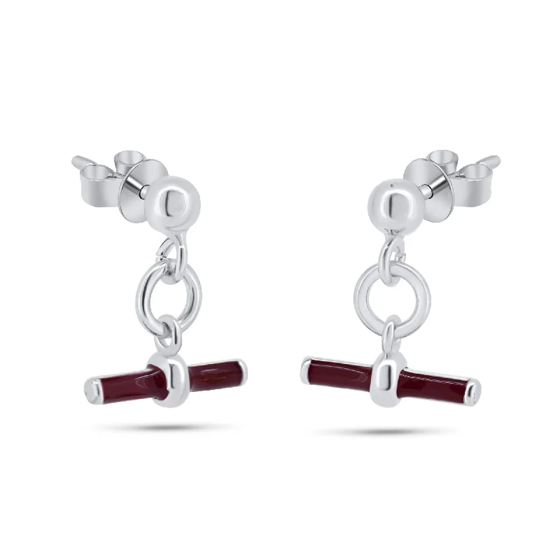 ladies-gift-silver-earrings-Rhodium Plated 925 Sterling Silver Dangling Red Enamel Bar Stud Earrings - ITE00097-RH