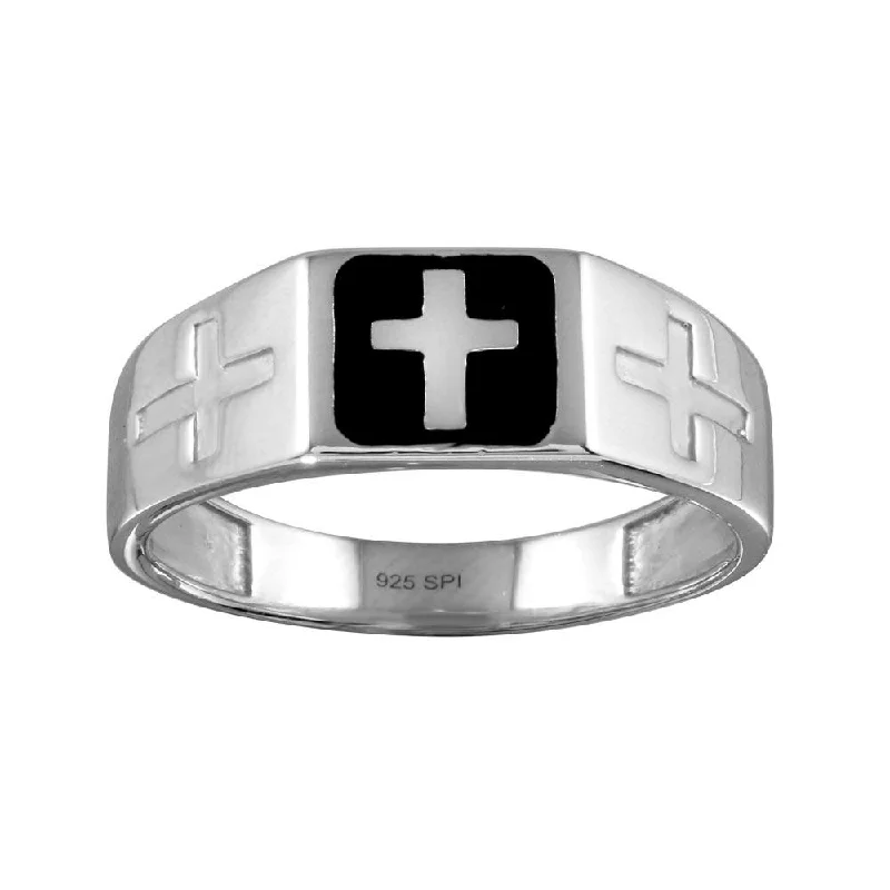 ladies ring christmas star-Rhodium Plated 925 Sterling Silver Black Enamel Cross Ring - SOR00006