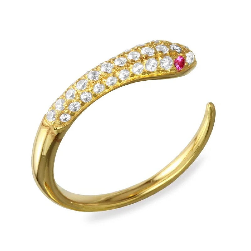 ladies ring floral petal design-Gold Plated 925 Sterling Silver Open Snake Ring with CZ - BGR01106