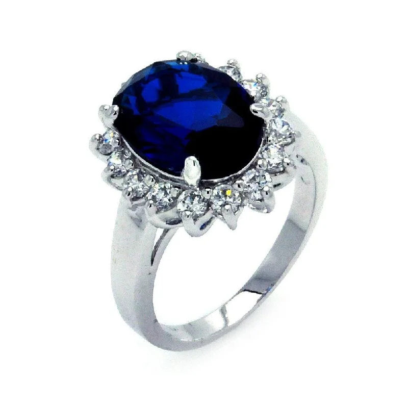 ladies ring bold statement gem-Silver 925 Rhodium Plated Blue and Clear Cluster CZ Flower Ring - BGR00323