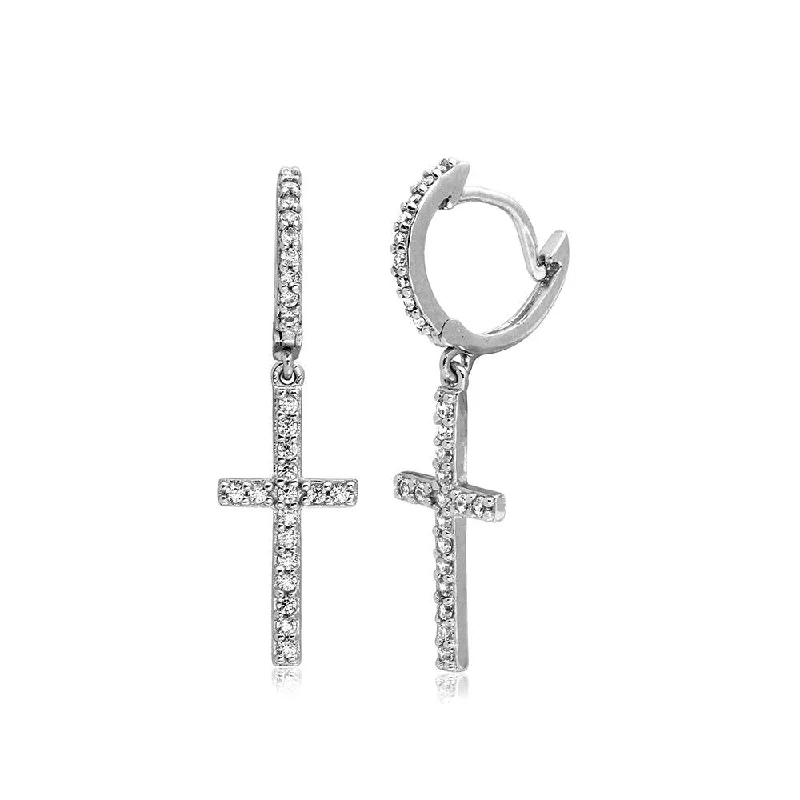 ladies-drop-diamond-earrings-Rhodium Plated 925 Sterling Silver Hanging CZ Cross huggie hoop Earrings - BGE00495