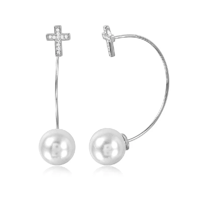 ladies-artisan-pearl-earrings-Silver 925 Rhodium Plated Cross Earrings with Hanging Synthetic Pearl - STE01047