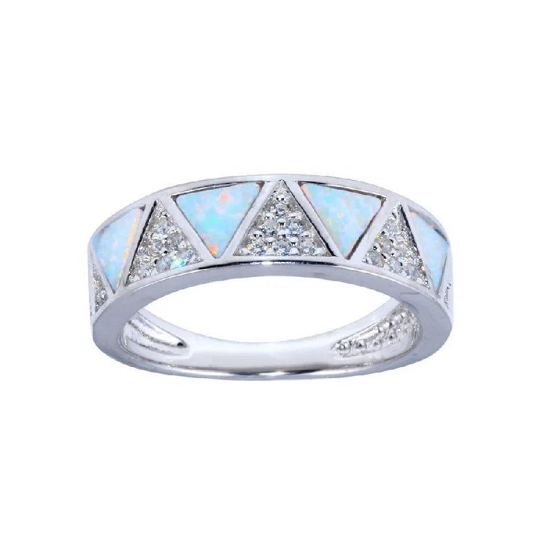 ladies ring elegant leaf motif-Rhodium Plated 925 Sterling Silver Opal Stone Triangle With CZ Ring - BGR01317