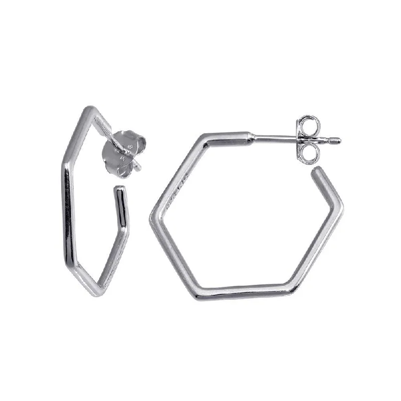 ladies-moon-rose-gold-earrings-Rhodium Plated 925 Sterling Silver Large Hexagon Semi Hoop Earring - STE01229