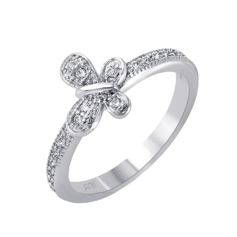 ladies ring custom infinity symbol-Silver 925 Rhodium Plated Clear Pave Set CZ Butterfly Ring - BGR00615