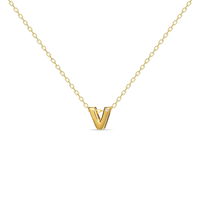 ladies-flower-heart-necklace-Diamond Letter Necklace "V" - 18 karat gold vermeil on sterling silver, diamond 0.01 carat