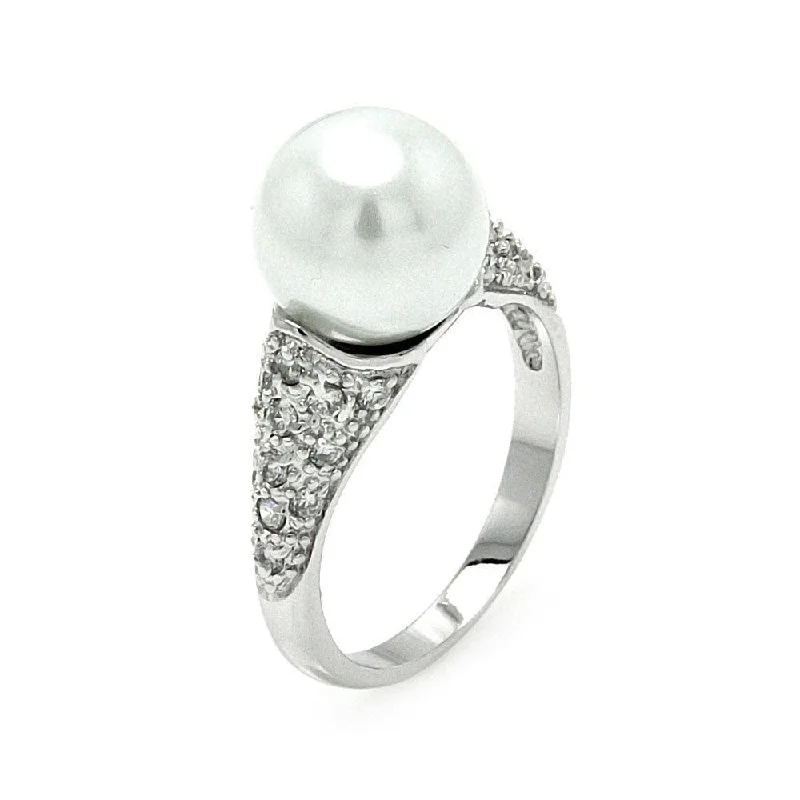 ladies ring chic crossover-Silver 925 Rhodium Plated Pearl Center Clear Pave Set CZ Ring - BGR00580