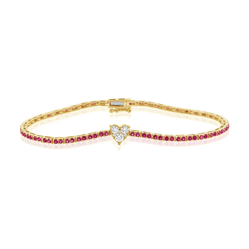 Ladies bracelets satin finish -Romantic 14K Gold Pink Sapphire and Diamond Heart Tennis Bracelet