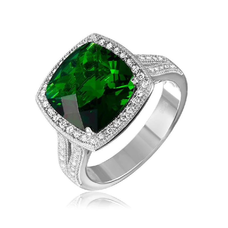 ladies ring tropical palm detail-Silver 925 Rhodium Plated Square Halo Green CZ Ring with Micro Pave Stones - GMR00090G