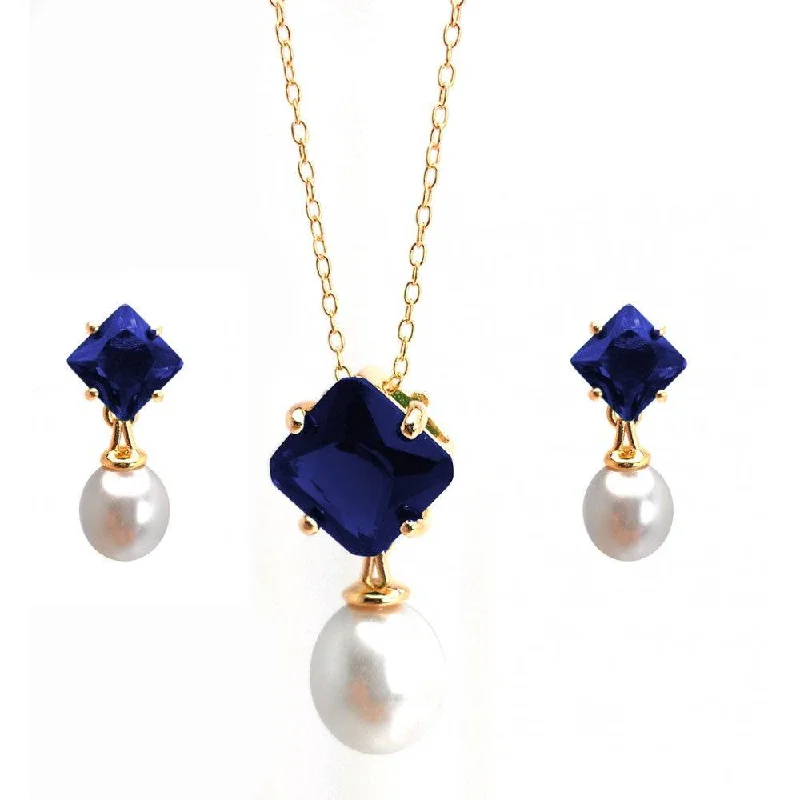 ladies-modern-diamond-earrings-Silver 925 Gold Plated Pearl Drop Diamond Shaped Blue CZ Dangling Stud Earring and Dangling Necklace Set - BGS00432BLU