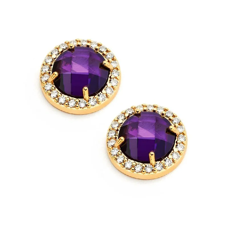 ladies-vintage-gold-earrings-Silver 925 Gold Plated Channel Teardrop Purple CZ Dangling Stud Earrings - BGE00360P