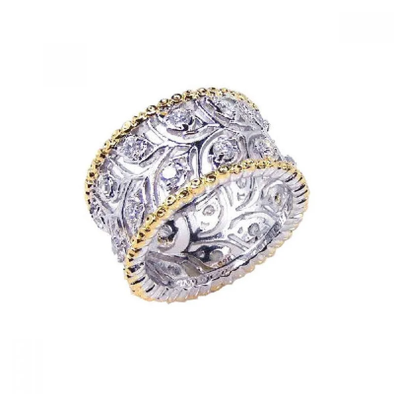 ladies ring floral petal design-Clearance-Silver 925 Rhodium and Gold Plated Border CZ Flower Ring - STR00342