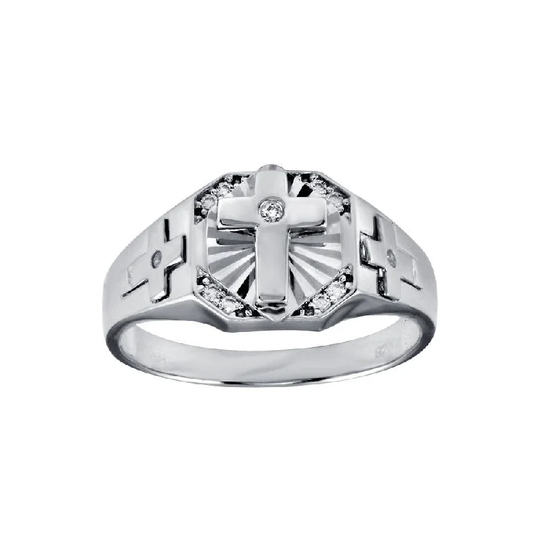 ladies ring polished white gold-Rhodium Plated 925 Sterling Silver Cross CZ Ring - GMR00318