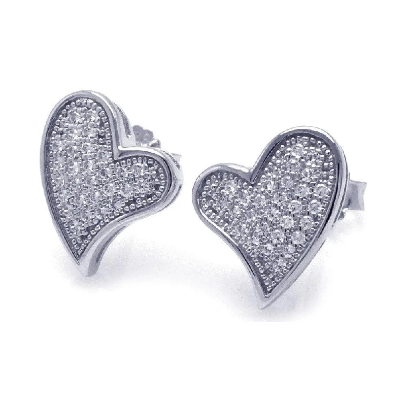 ladies-drop-silver-earrings-Silver 925 Rhodium Plated Micro Pave Clear Curvy Heart CZ Stud Earrings - ACE00040