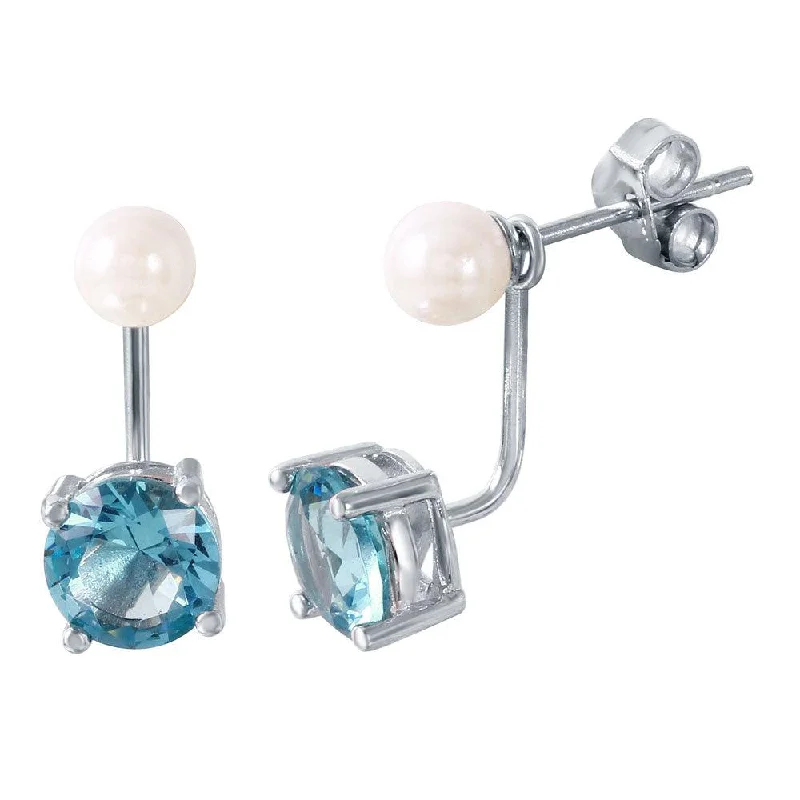 ladies-silver-diamond-earrings-Rhodium Plated 925 Sterling Silver Pearl Light Blue Front and Back Earrings - STE00990MAR