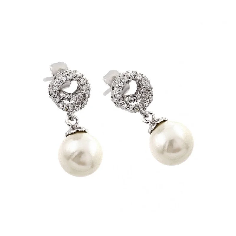 ladies-gemstone-earrings-Silver 925 Rhodium Plated CZ Dangling Pearl Stud Earrings - BGE00244