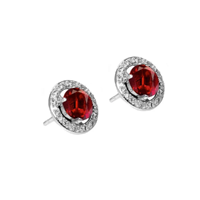 ladies-minimalist-hoop-earrings-Silver 925 Rhodium Plated Red and Clear Round Pave CZ Stud Earrings - BGE00331