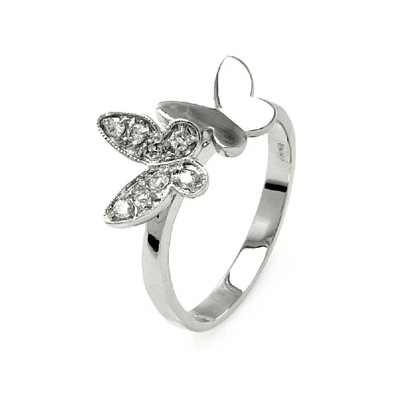 ladies ring zodiac inspired-Silver 925 Rhodium Plated Clear Pave Set CZ Double Butterfly Ring - BGR00538