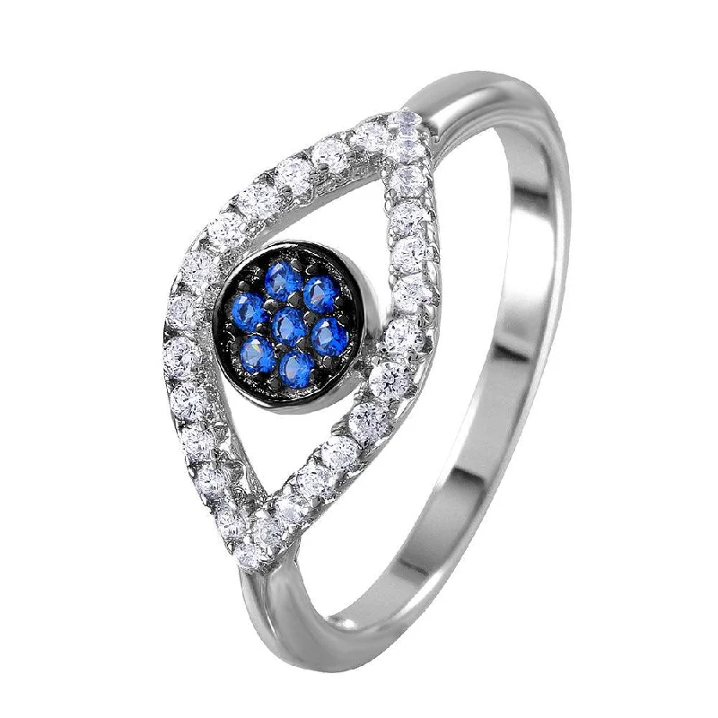 ladies ring winter snowflake-Silver 925 Rhodium Plated Open Evil Eye Ring with Blue Center Stones - BGR01024