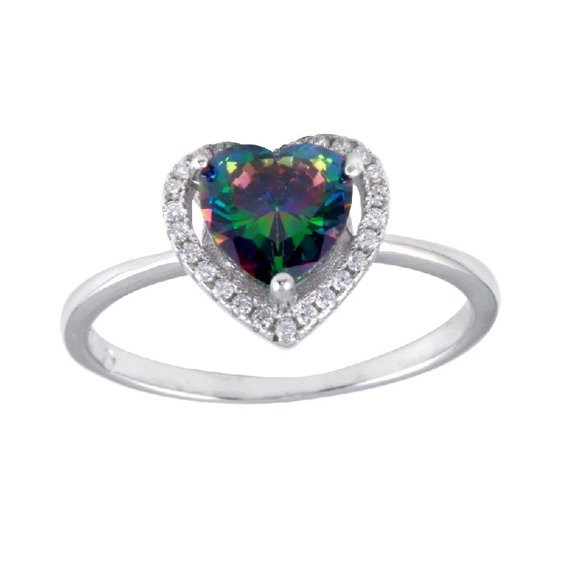 ladies ring name zirconia-Rhodium Plated 925 Sterling Silver Heart Synthetic Mystic Topaz CZ Ring - BGR01250