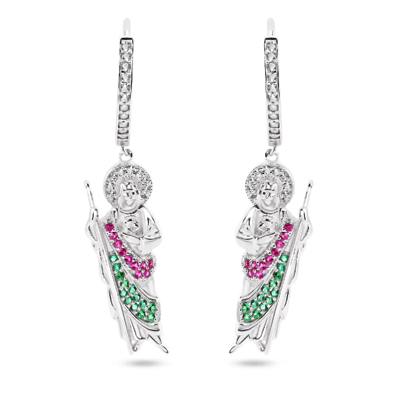 ladies-ethnic-tassel-earrings-Sterling Silver Rhodium Plated Dangling St Jude Hoop Clear CZ Earrings - GME00153