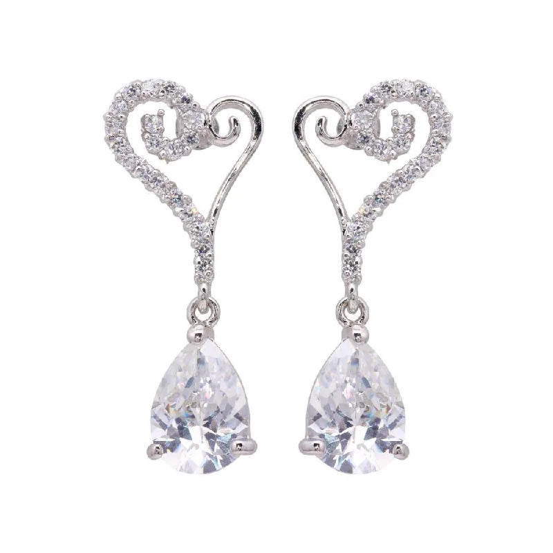 ladies-vintage-silver-earrings-Silver 925 Rhodium Plated Open Heart CZ Dangling Stud Earrings - BGE00104