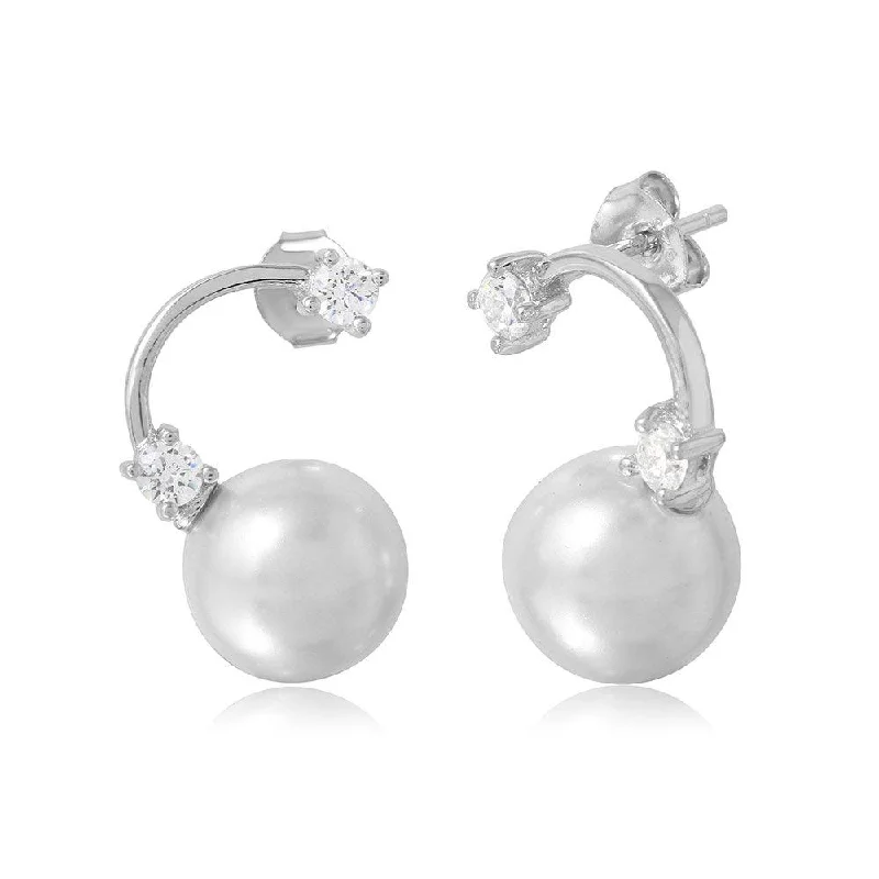 ladies-unique-earrings-Silver 925 High Polished Hanging Synthetic Pearl Earring with Cubic Zirconia Stones - BGE00489SP