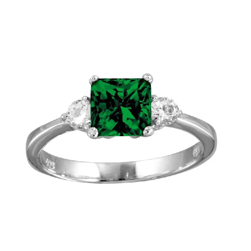 ladies ring trendy star detail-Rhodium Plated 925 Sterling Silver Green CZ Center Stone Ring - BGR01138GRN