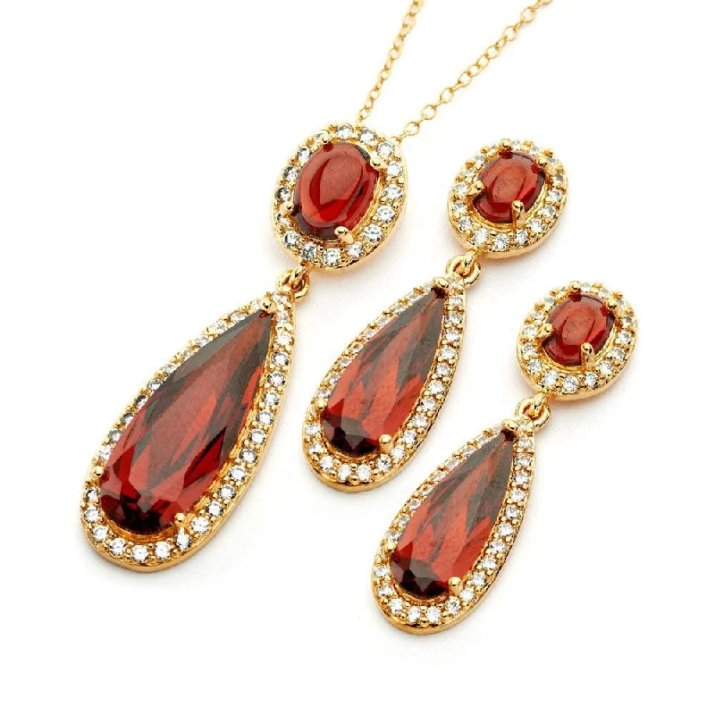 ladies-fashion-diamond-earrings-Silver 925 Gold Plated Clear and Red Oval Slim Teardrop CZ Dangling Stud Earring and Dangling Necklace Set - BGS00395