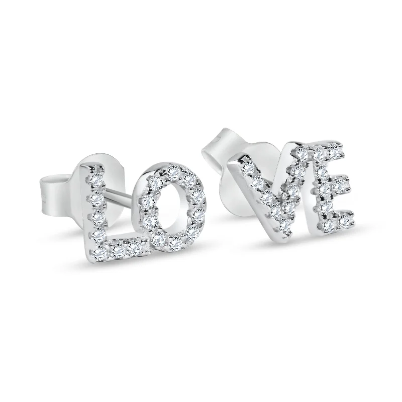 ladies-unique-silver-earrings-Rhodium Plated 925 Sterling Silver Love Clear CZ Stud Earrings - BGE00736