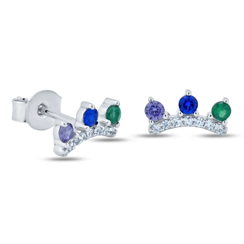 ladies-charm-earrings-Rhodium Plated 925 Sterling Silver Multi Color Crown CZ Stud Earrings - STE01363