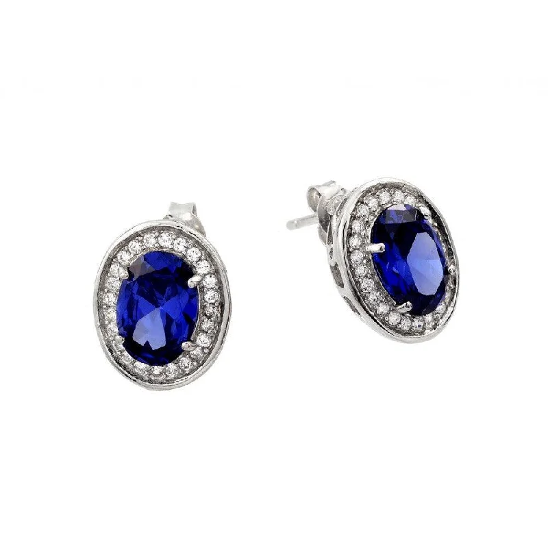 ladies-drop-silver-earrings-Silver 925 Rhodium Plated Round Blue CZ Stud Earrings - STE00940