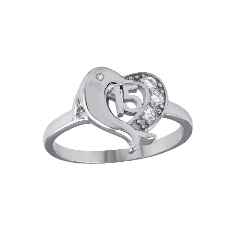 ladies ring brilliant sterling silver-Rhodium Plated 925 Sterling Silver Crown 15 Heart Dolphin Ring with CZ - TMR00007