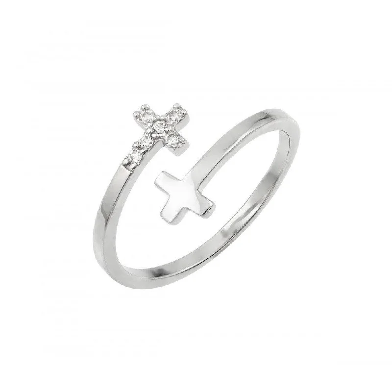 ladies ring bold statement gem-Silver 925 Rhodium Plated CZ Double Cross Ring - BGR00926