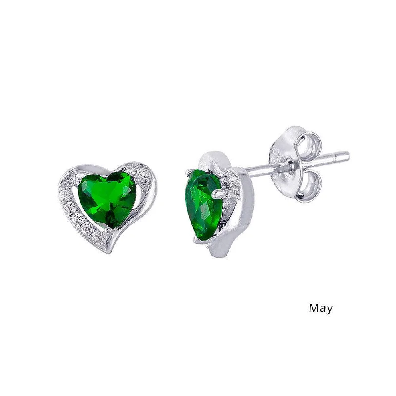 ladies-drop-diamond-earrings-Rhodium Plated 925 Sterling Silver Heart with Birthstone Center Stud Earrings May - STE01028-MAY