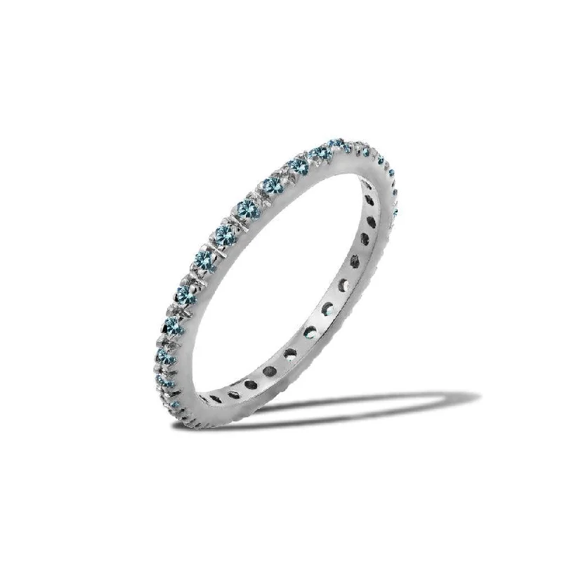 ladies ring trendy star detail-Rhodium Plated 925 Sterling Silver Plated Birthstone Inlay Eternity Ring March - BGR00339MAR