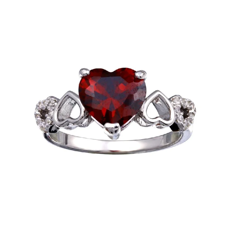 ladies ring elegant leaf motif-Rhodium Plated 925 Sterling Silver Heart Red and Clear CZ W- Heart Shank Ring - BGR01342