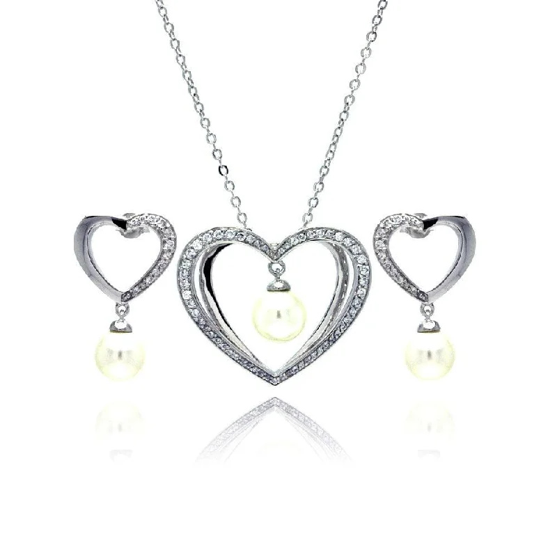 ladies-birthstone-stud-earrings-Silver 925 Rhodium Plated Hanging Pearl Open Heart Clear CZ Stud Earring and Necklace Set - BGS00167