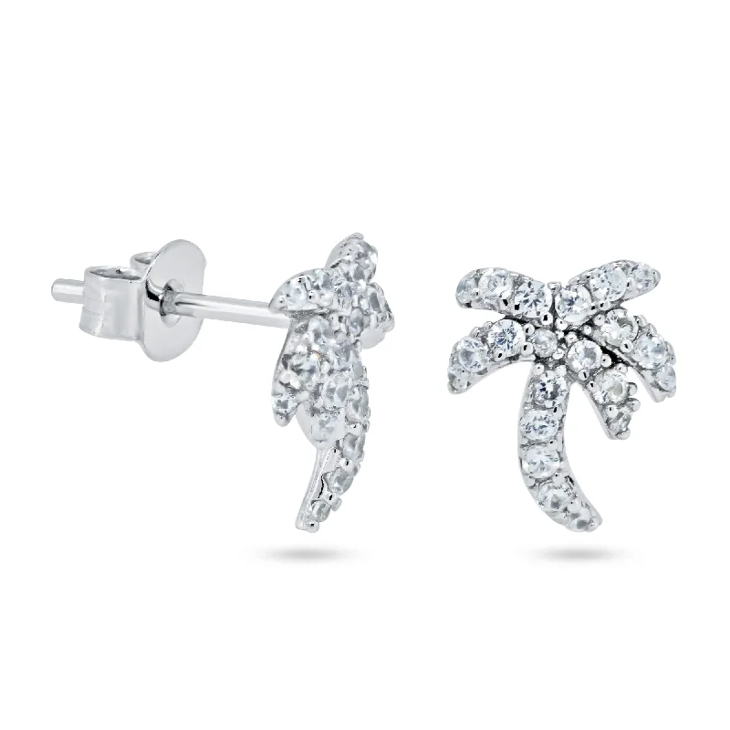 ladies-affordable-earrings-Rhodium Plated 925 Sterling Silver Palm Tree CZ Stud Earrings - STE01362