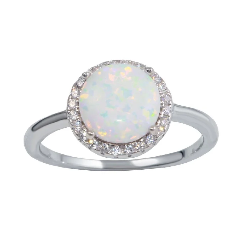 ladies ring valentine’s heart-Rhodium Plated 925 Sterling Silver Round Opal Stone Ring with CZ - BGR01242