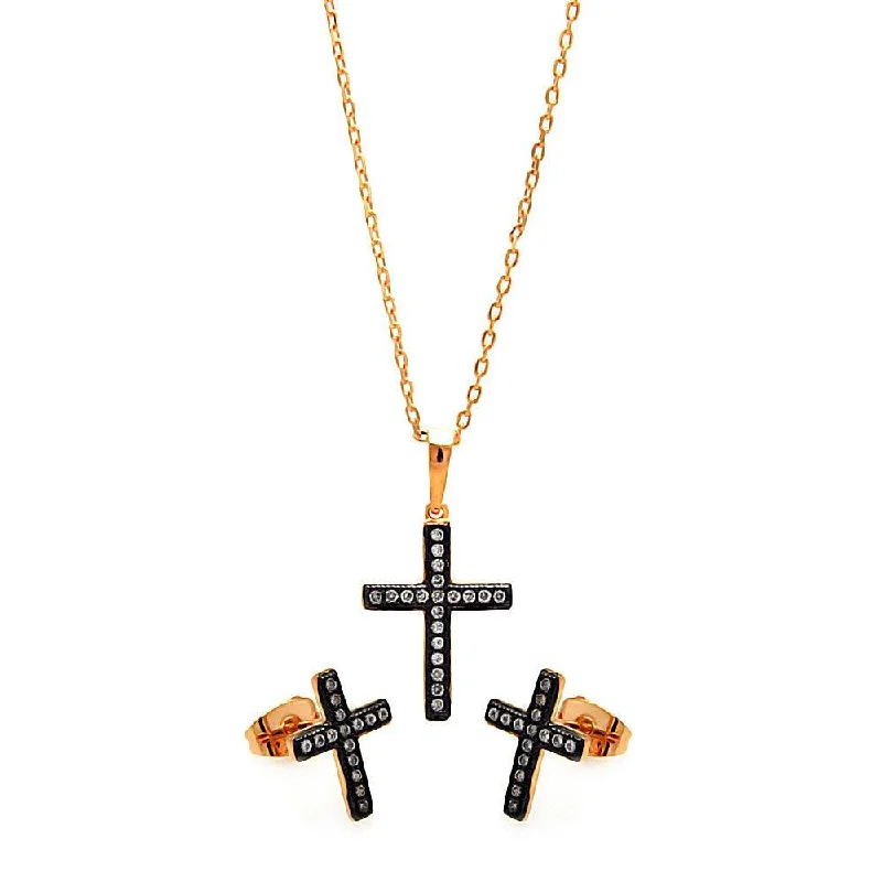 ladies-birthstone-gold-earrings-Silver 925 Black Rhodium and Gold Plated Cross Clear CZ Stud Earring and Necklace Set - BGS00277