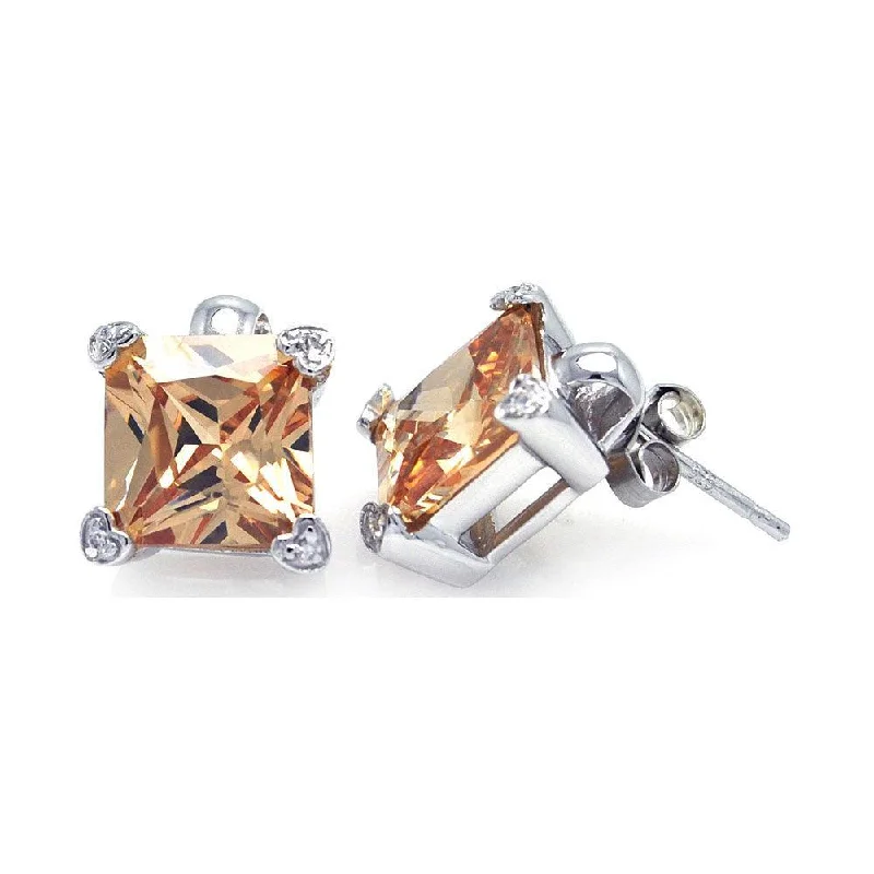 ladies-short-diamond-earrings-Silver 925 Rhodium Plated Square Champagne CZ Stud Earrings - STE00634CH